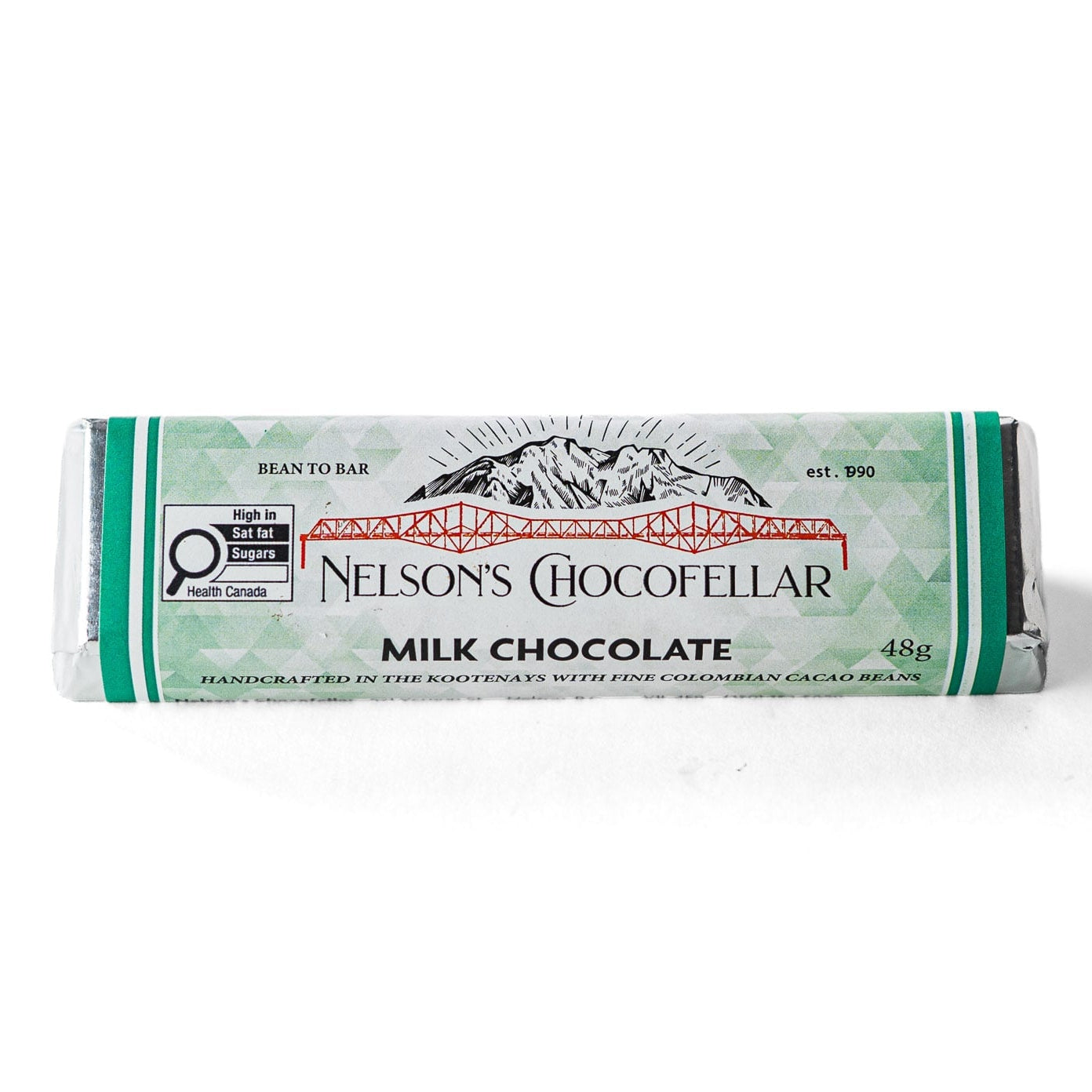 48% Milk Chocolate Artisan Nelson's chocofellar, Bean to Bar. Canadian Chocolate.