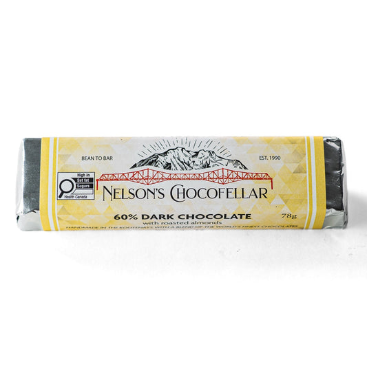 60% dark Chocolate with roasted almonds artisan chocolatier Nelson BC Canada, bean to bar, ethical cacao beans.