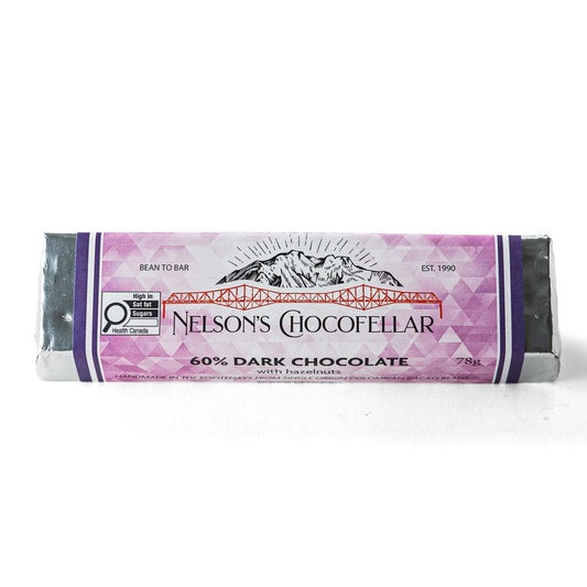 60% dark Chocolate with Hazelnuts, handmade chocolate bar, best chocolate in canada, bean to bar.