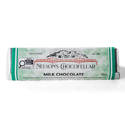 48% Milk Chocolate Artisan Nelson's chocofellar, Bean to Bar. Canadian Chocolate.