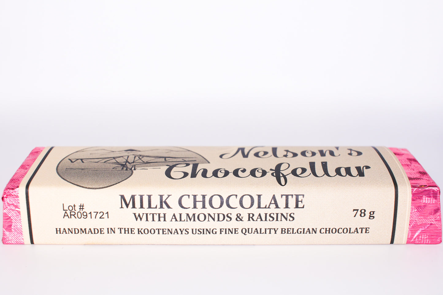 Milk chocolate Bar with Almond and Raisins handmade in the Kootenays
